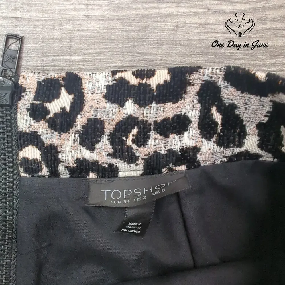 Topshop Leopard Jacquard Mini Skirt Metallic Animal Print Textured Size 2